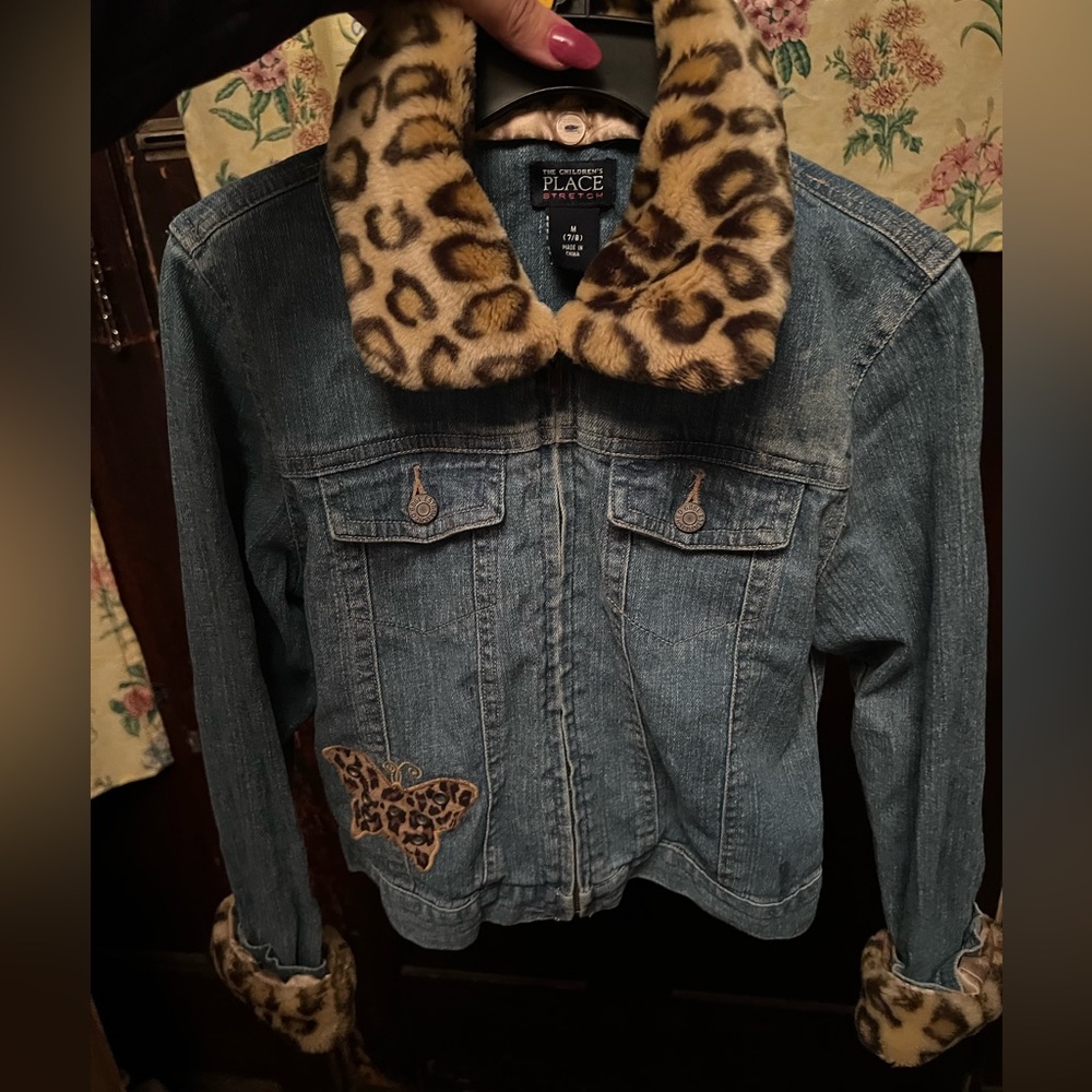 Children’s Place Girls Leopard Fur Collar Jean Jacket